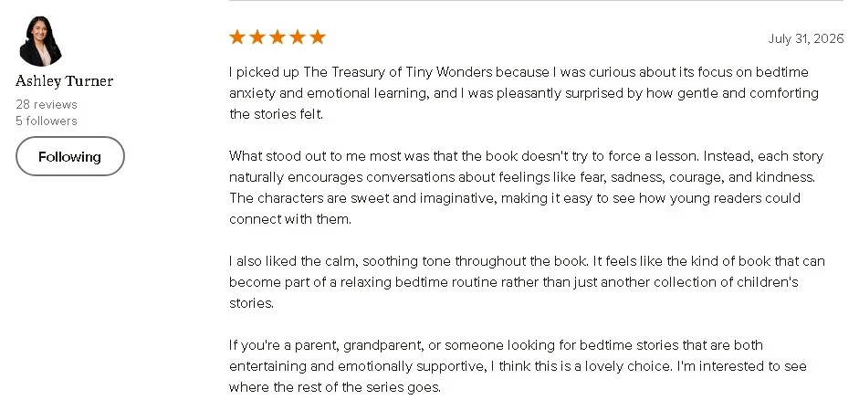 5-star Goodreads review by Ashley Turner praising the book's gentle, comforting approach to bedtime anxiety and emotional learning