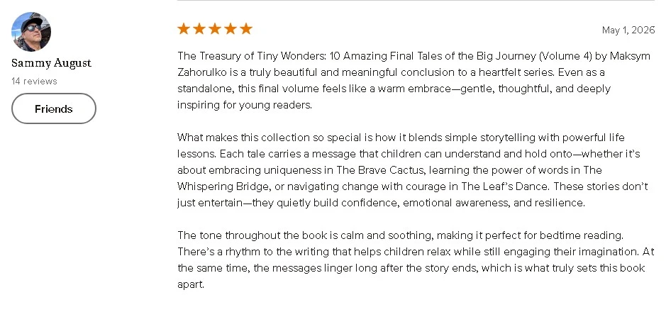 5-star Goodreads review by Sammy August calling Volume 4 a warm and inspiring conclusion to the series