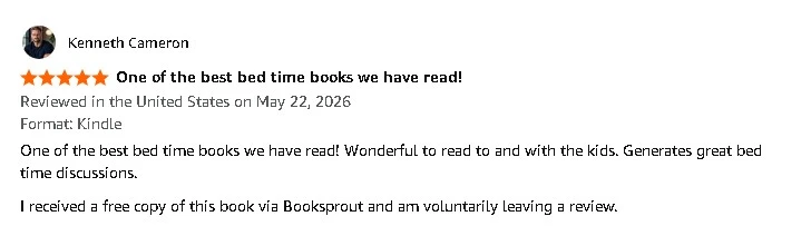 5-star Amazon review by Kenneth Cameron titled "One of the best bed time books we have read!"