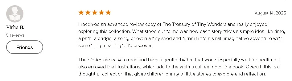 5-star Goodreads review by Vitha B. praising the imaginative stories and whimsical illustrations