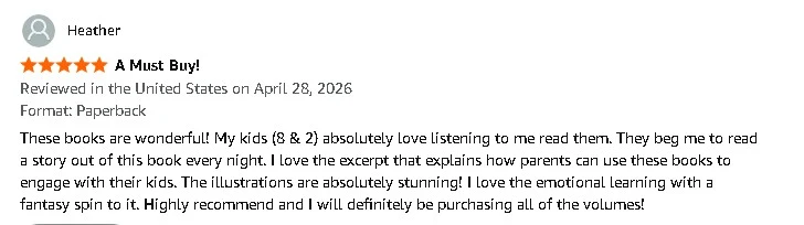 5-star Amazon review by Heather titled "A Must Buy!" praising the stunning illustrations and emotional storytelling