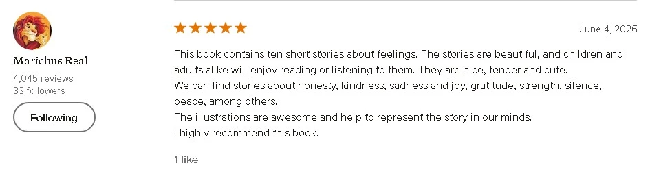 5-star Goodreads review by Marichus Real describing the ten short stories about feelings as beautiful and tender