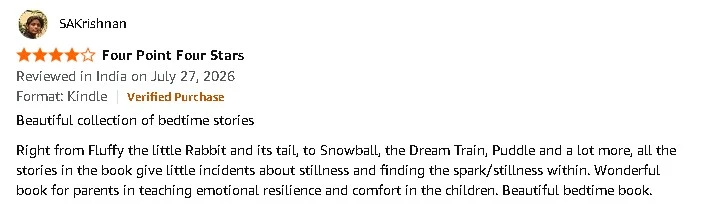 4.4-star Amazon review by SAKrishnan praising the collection as a beautiful set of bedtime stories