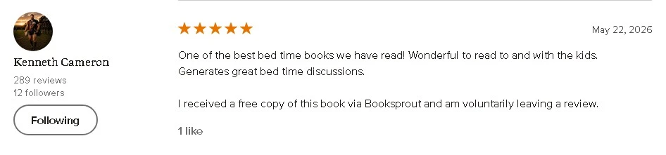 5-star Goodreads review by Kenneth Cameron titled "One of the best bed time books we have read!"
