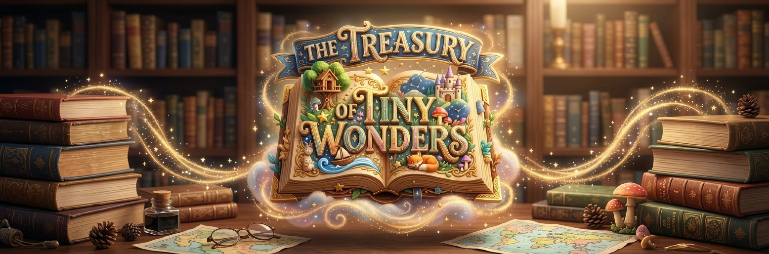 The Treasury of Tiny Wonders — a glowing magical open storybook with a tiny castle, sleeping fox, and swirling golden light, surrounded by stacked books