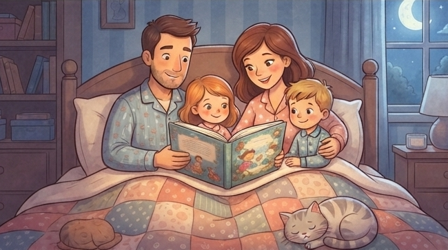 Cover illustration for the article: 5 Ways to Turn Bedtime Into a Cozy Family Ritual