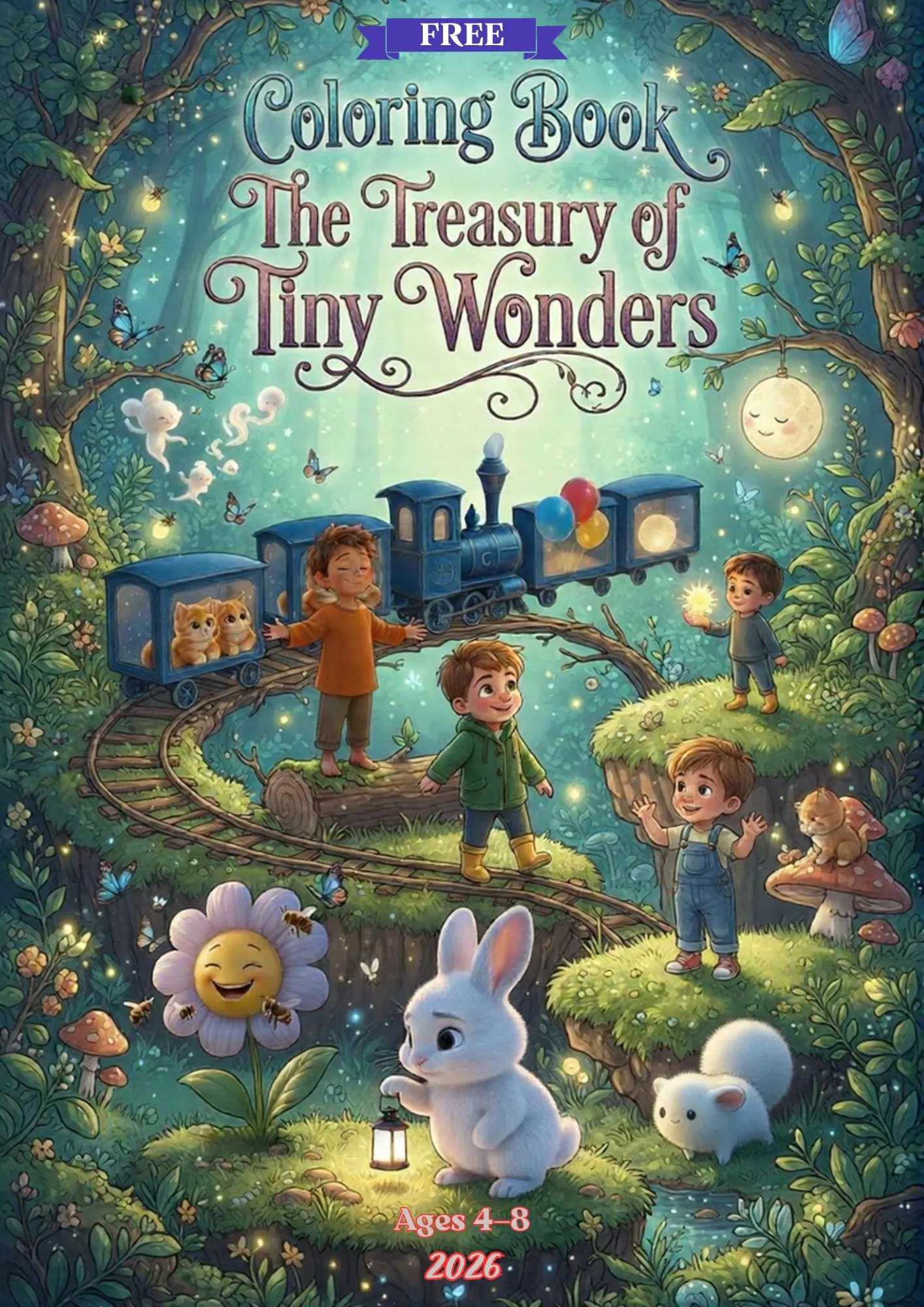 Cover of the free printable coloring book — The Treasury of Tiny Wonders, featuring the storybook friends in an enchanted forest