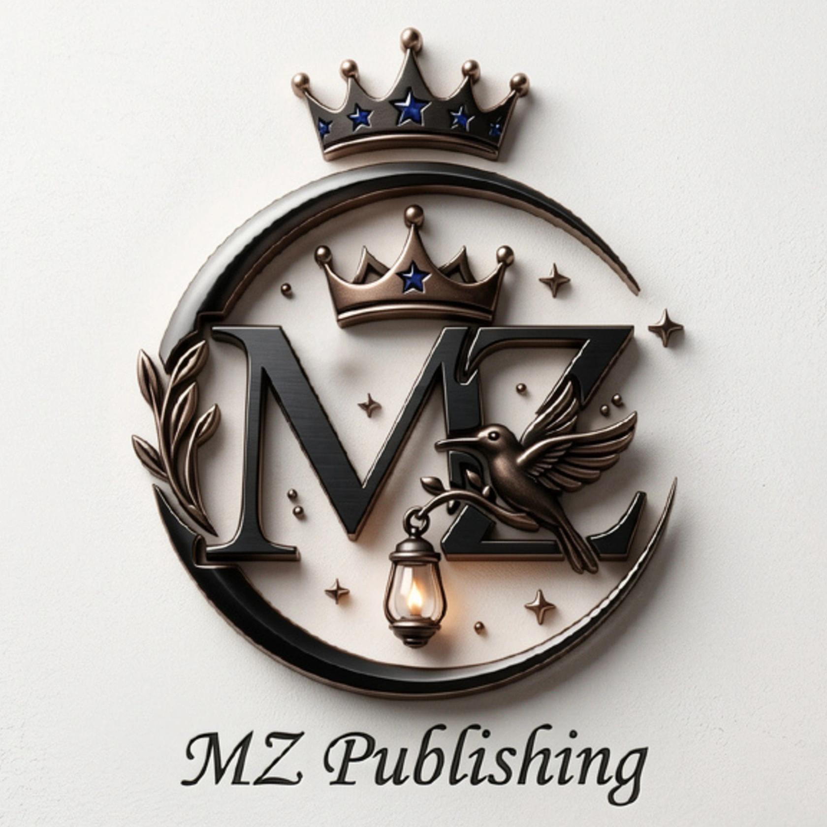 MZ Publishing crest — a crowned monogram "MZ" with a bird carrying a lantern beside a crescent moon