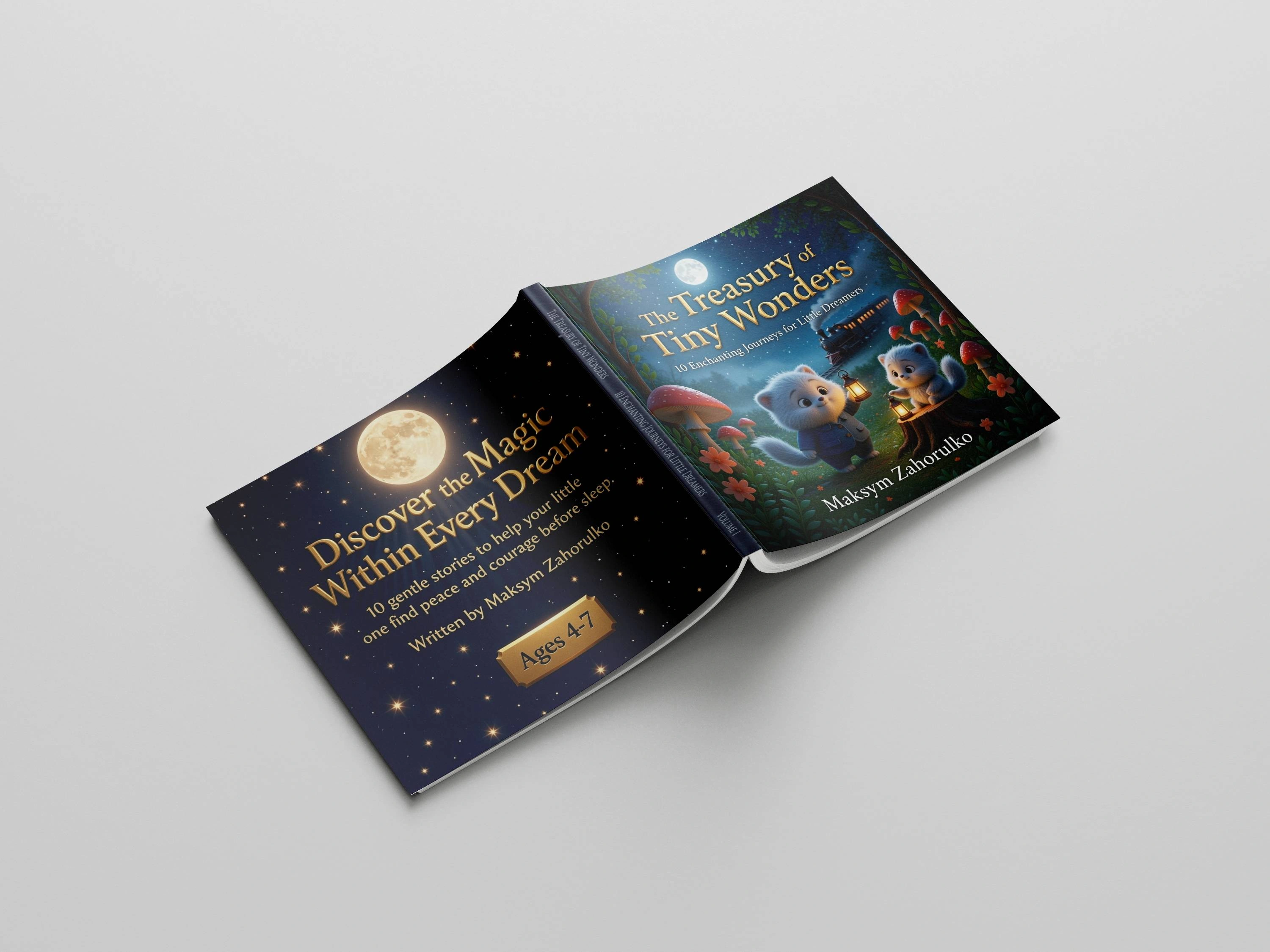 Front and back cover mockup of Volume 1 hardcover, featuring two fluffy blue creatures with lanterns beside a night train and mushrooms, with the back-cover tagline "Discover the Magic Within Every Dream"