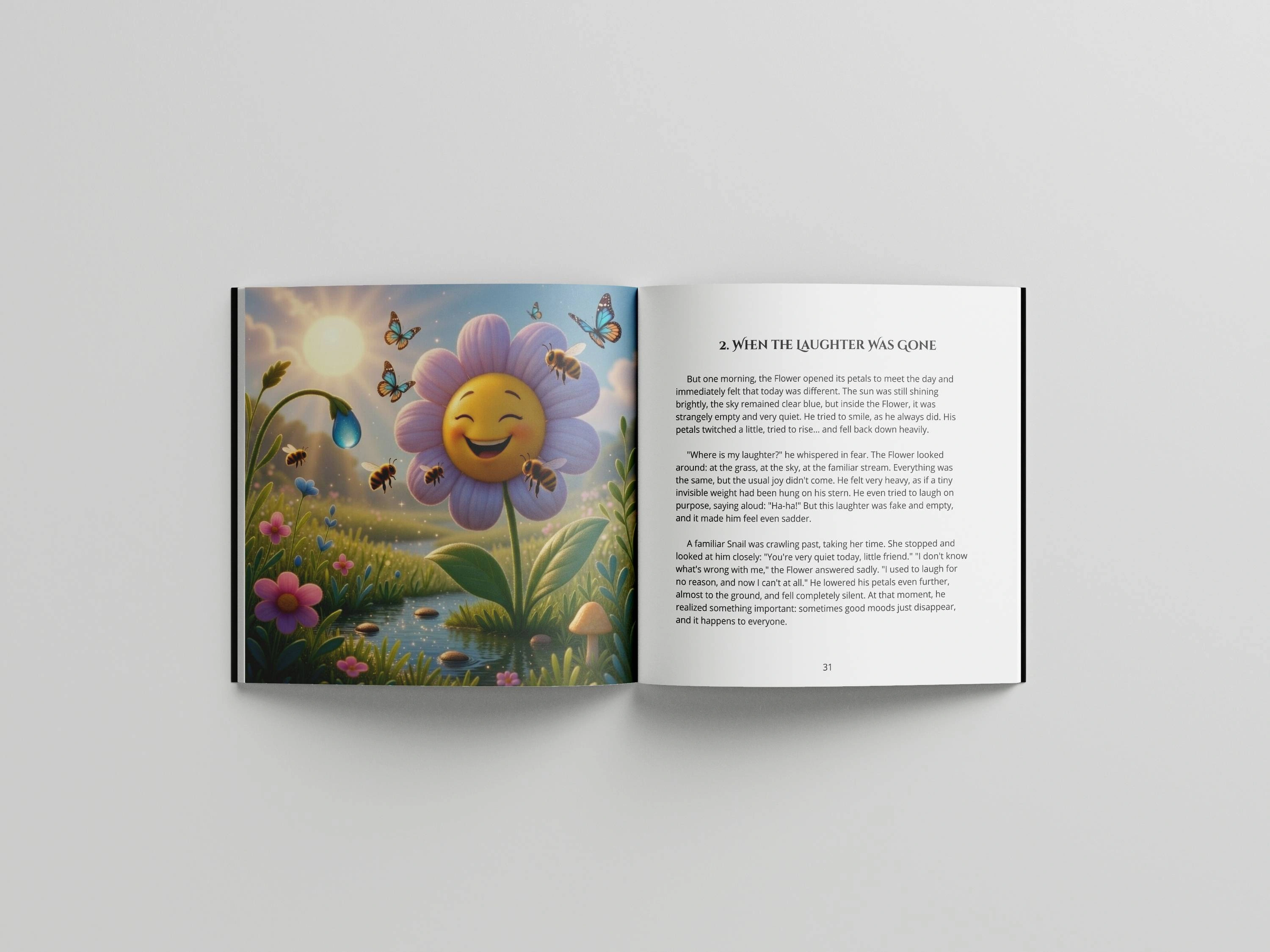 Open book spread from Volume 1, chapter "When the Laughter Was Gone", showing a smiling flower character surrounded by butterflies and bees beside a stream