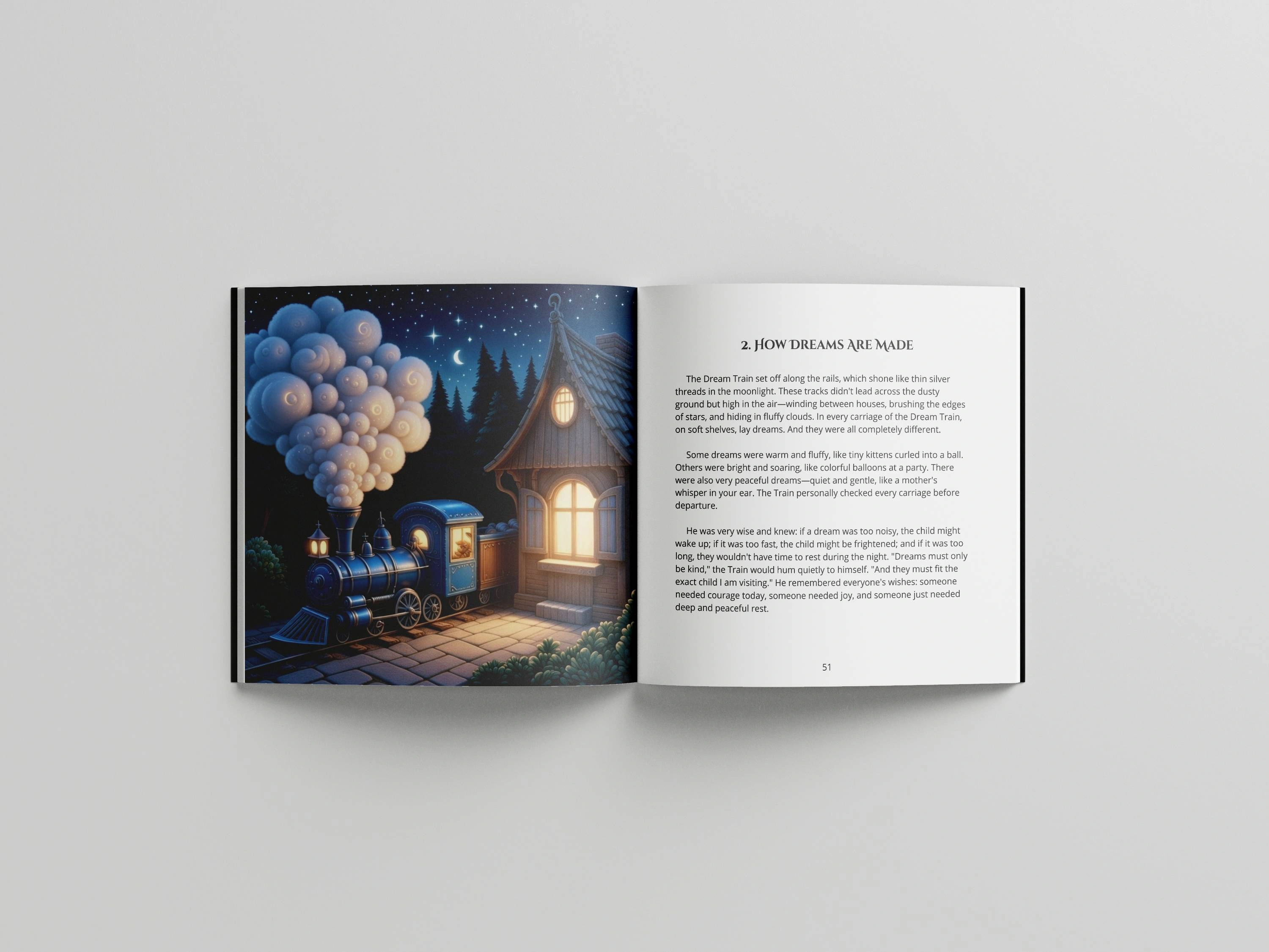 Open book spread from Volume 1, chapter "How Dreams Are Made", showing a cloud-steamed dream train arriving at a glowing cottage under a starry night sky