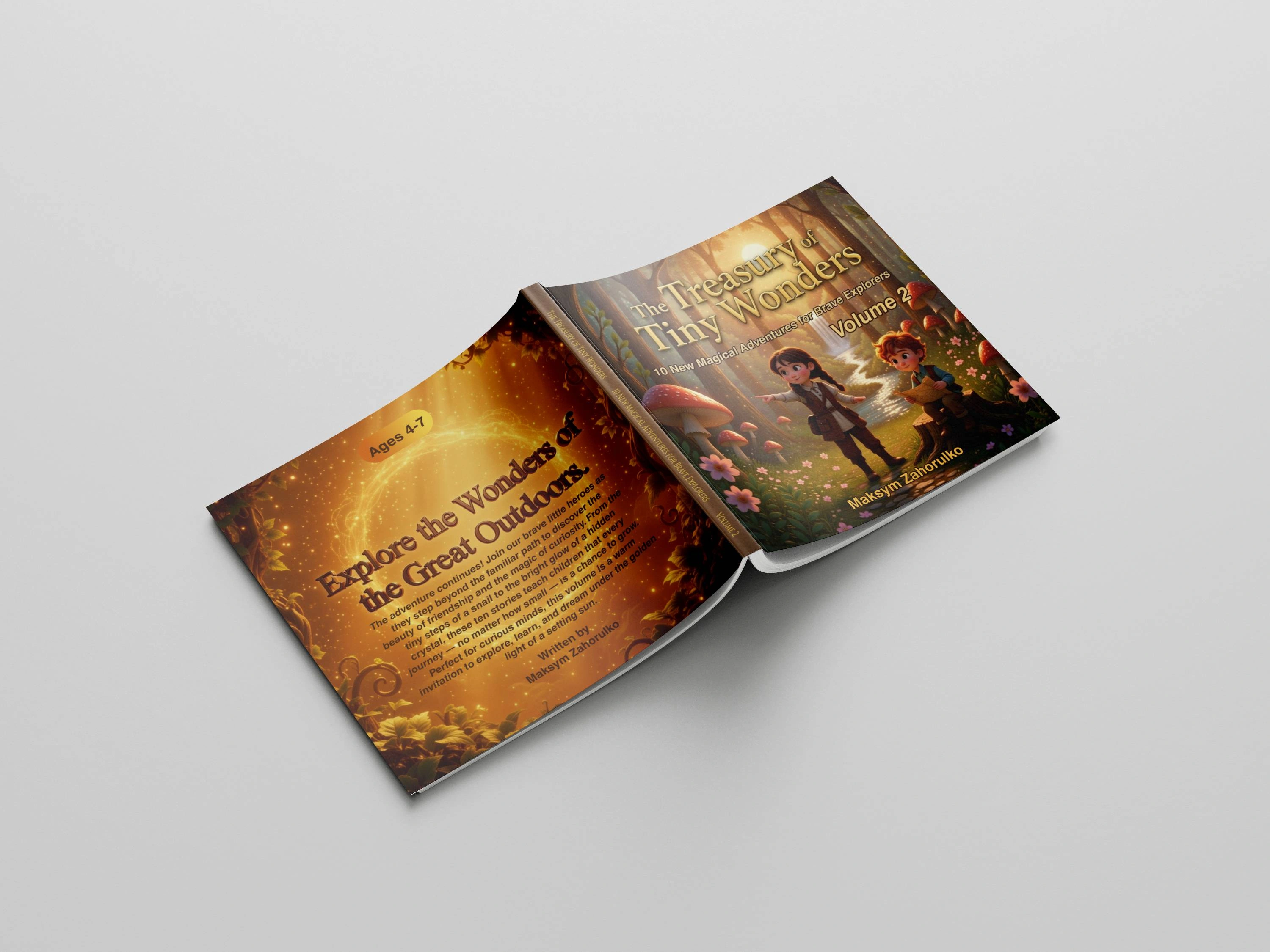 Front and back cover mockup of Volume 2 hardcover, featuring a girl and boy exploring a mushroom-filled forest, with the back-cover tagline "Explore the Wonders of the Great Outdoors"