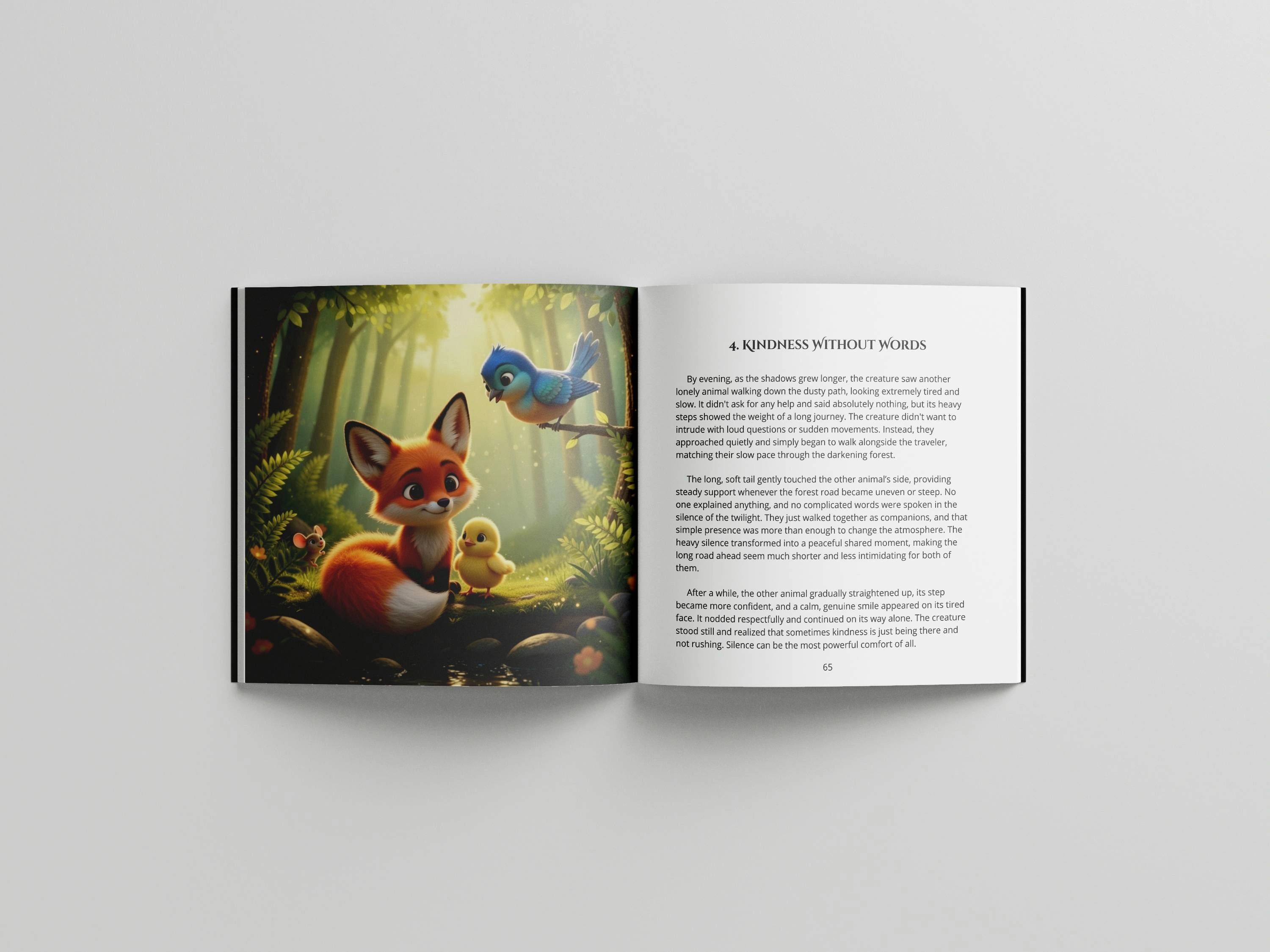 Open book spread from Volume 2, chapter "Kindness Without Words", showing a fox, a chick, a mouse, and a bluebird together in the forest