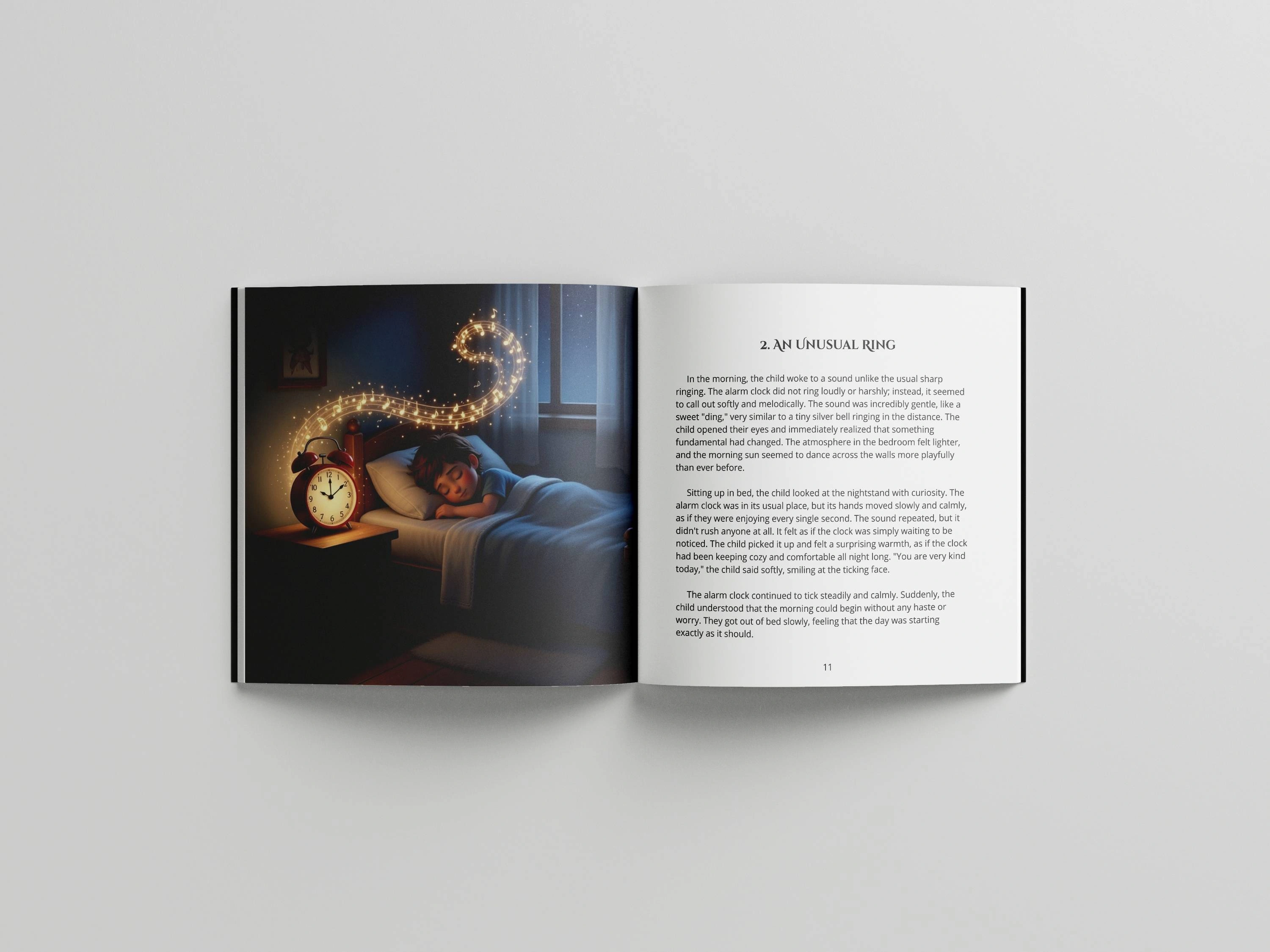 Open book spread from Volume 2, chapter "An Unusual Ring", showing a child sleeping beside a glowing alarm clock with musical notes swirling above it