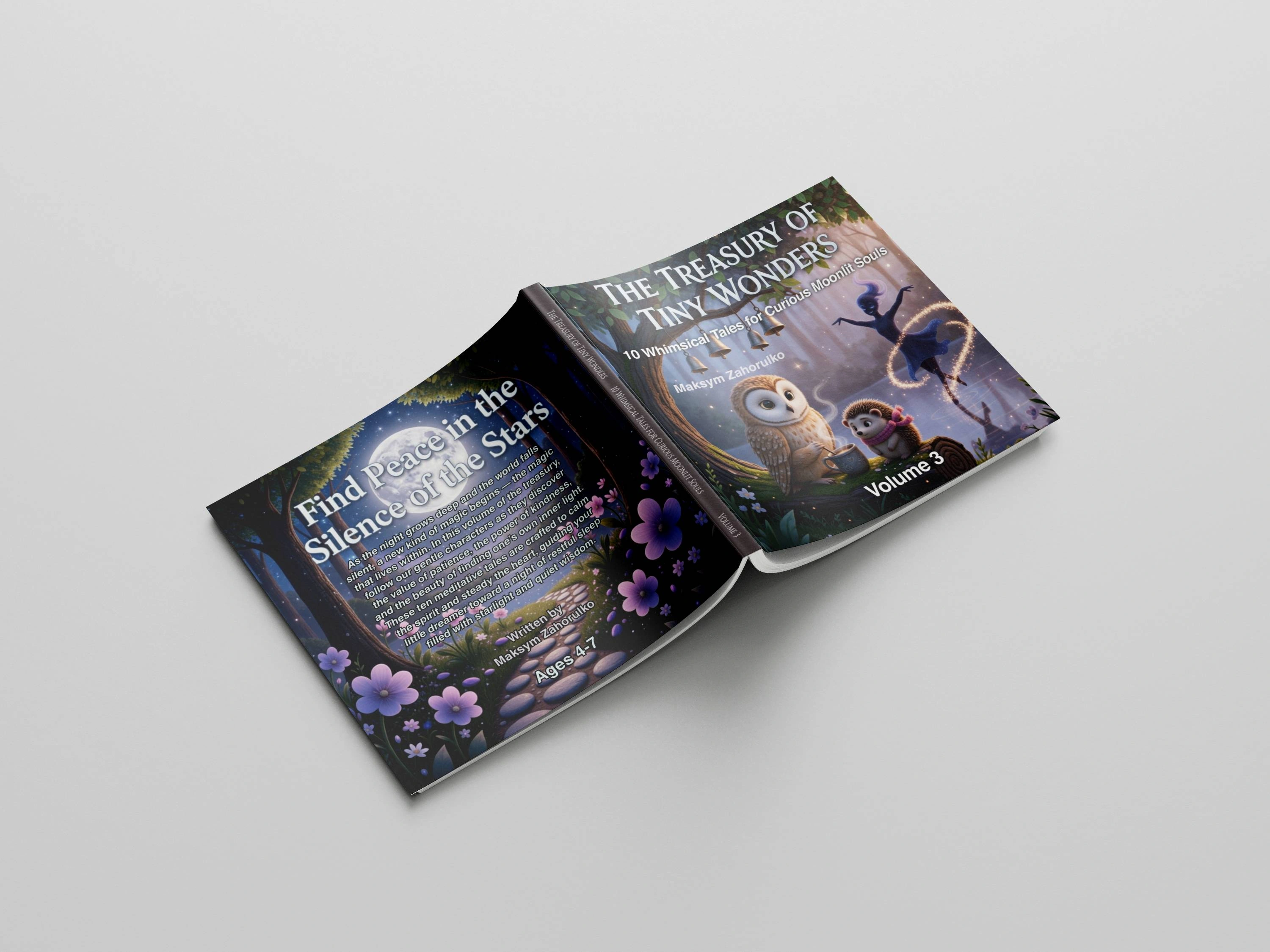 Front and back cover mockup of Volume 3 hardcover, featuring an owl and hedgehog sharing tea beside a dancing moonlit spirit and hanging bells, with the back-cover tagline "Find Peace in the Silence of the Stars"