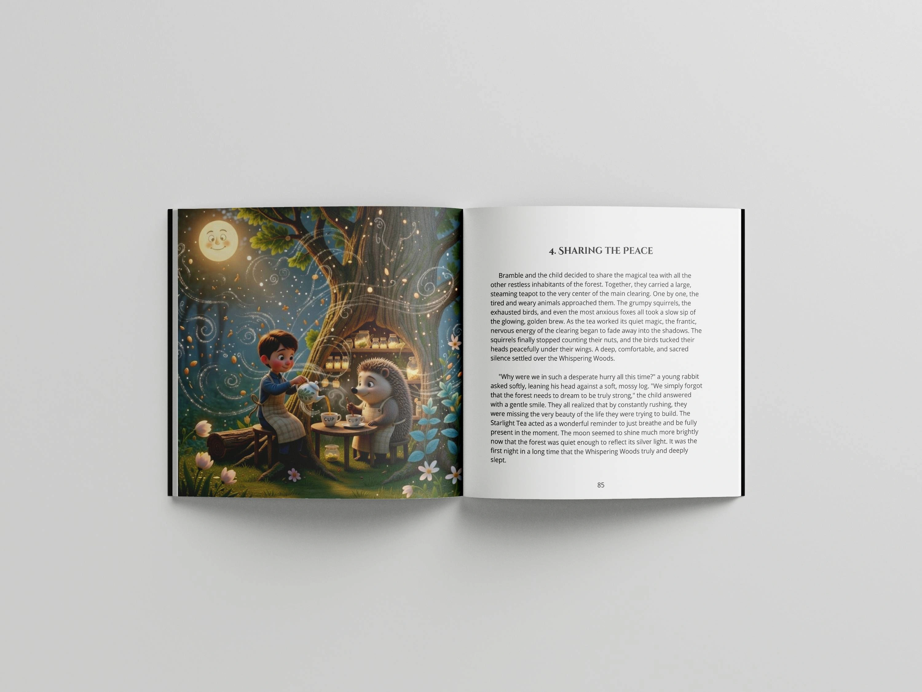 Open book spread from Volume 3, chapter "Sharing the Peace", showing a boy and a hedgehog having tea together under a tree beneath a smiling moon