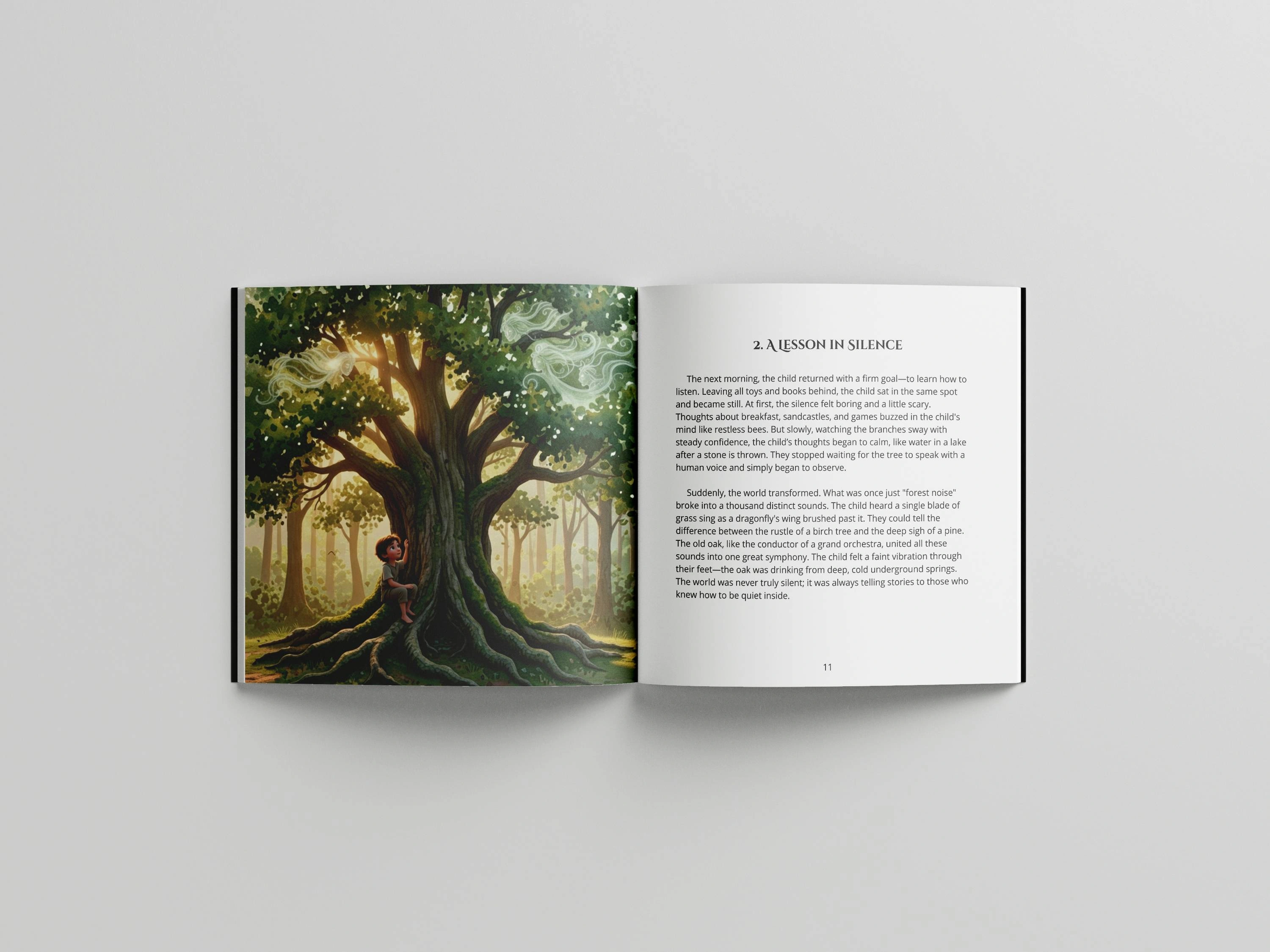 Open book spread from Volume 3, chapter "A Lesson in Silence", showing a child sitting beneath a great old oak tree with glowing spirit shapes drifting through its branches