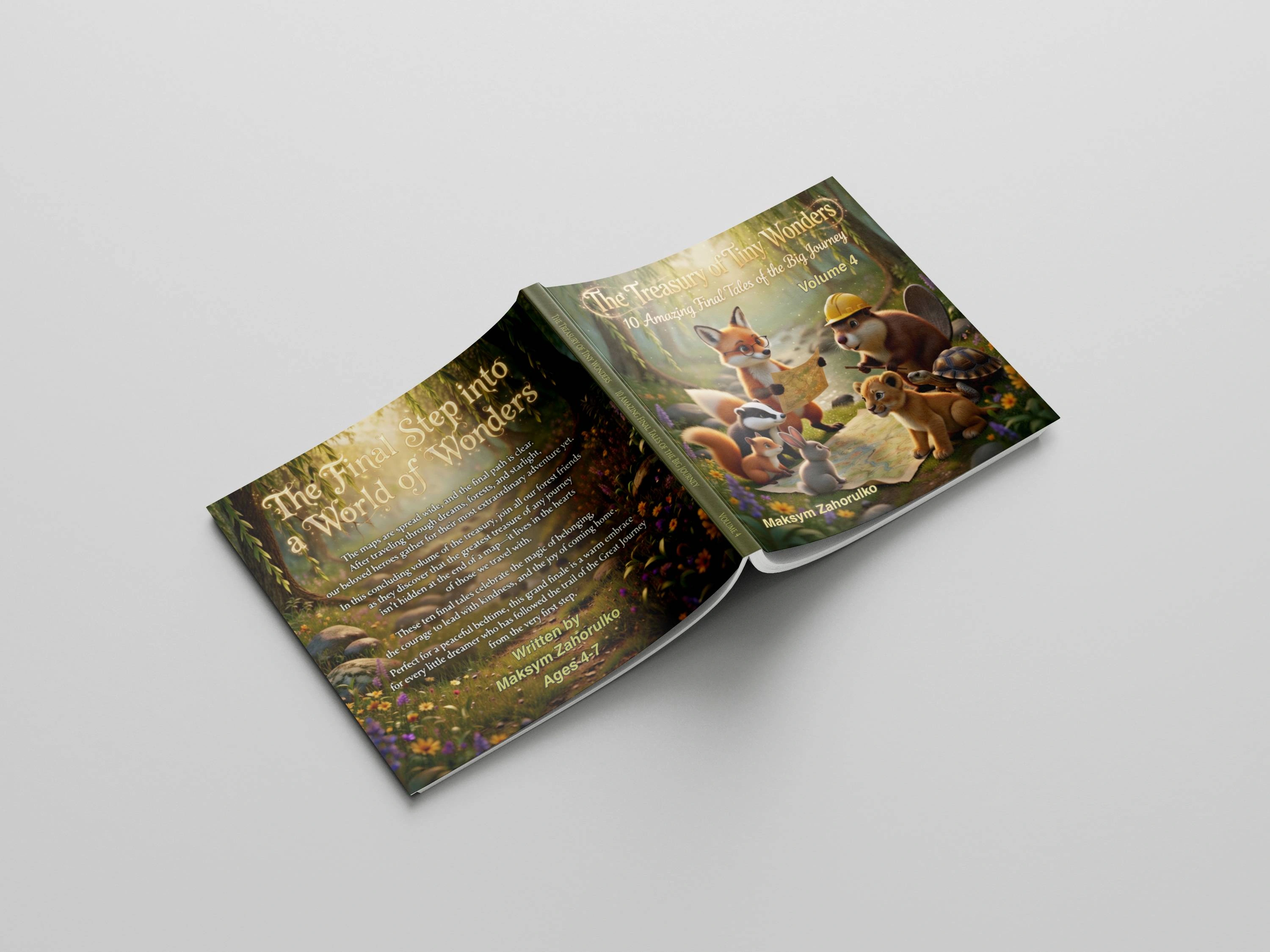 Front and back cover mockup of Volume 4 hardcover, featuring a fox, badger, squirrel, rabbit, lion cub, tortoise, and beaver gathered around a map, with the back-cover tagline "The Final Step into a World of Wonders"