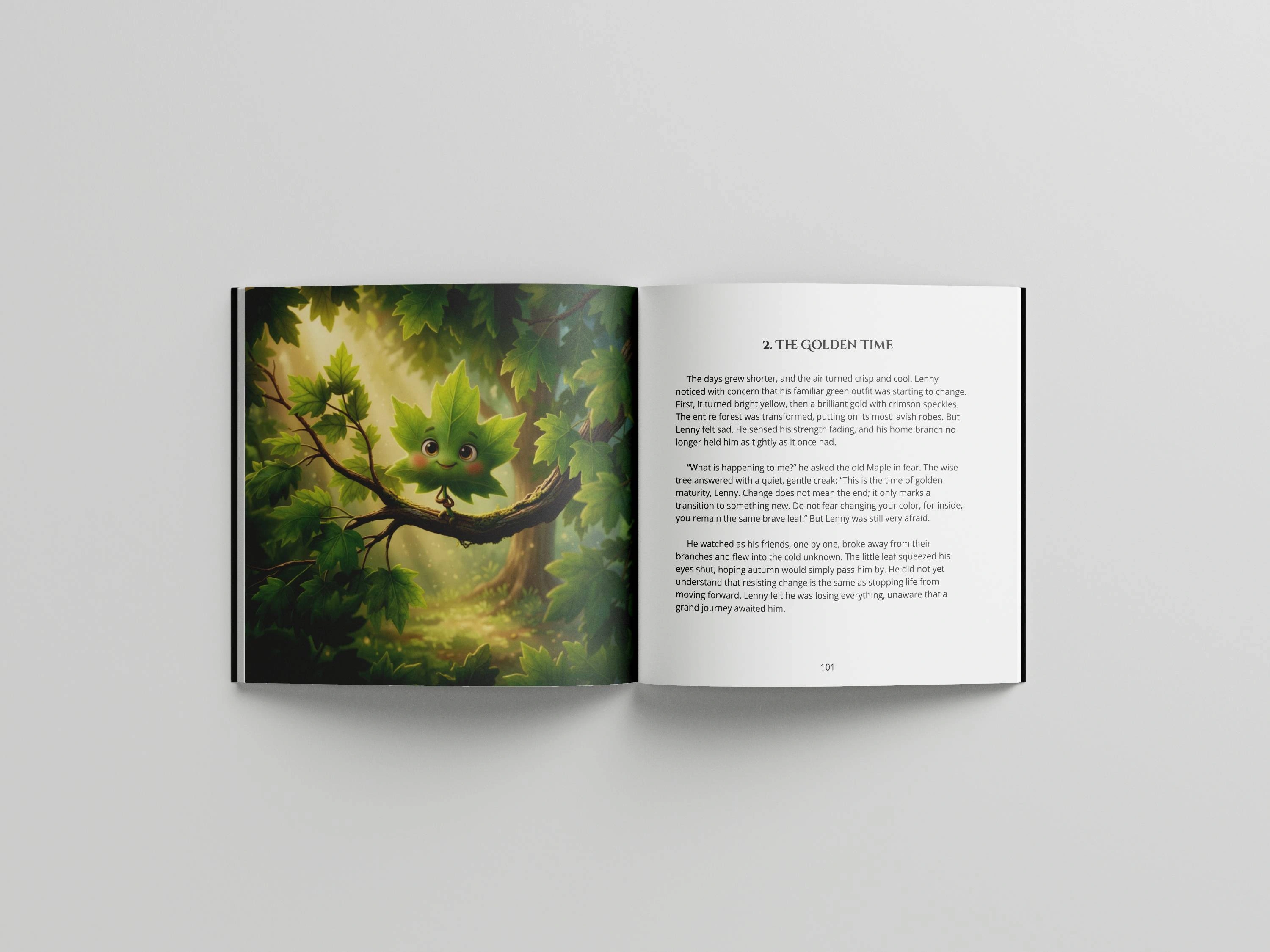 Open book spread from Volume 4, chapter "The Golden Time", showing a small leaf character named Lenny on a branch as the forest turns to autumn colors