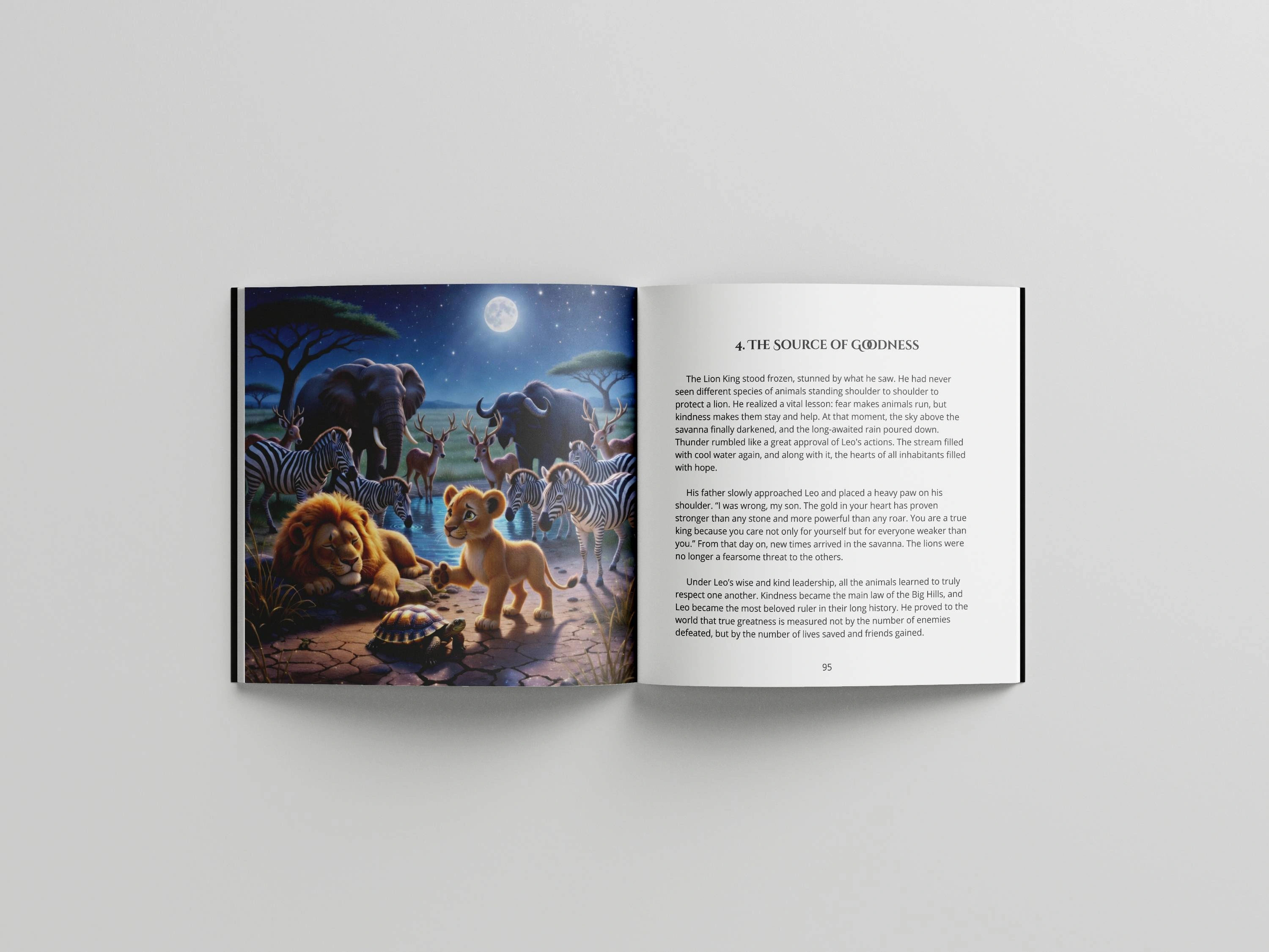 Open book spread from Volume 4, chapter "The Source of Goodness", showing a lion, lion cub, zebras, elephants, deer, and a tortoise gathered peacefully at a moonlit watering hole