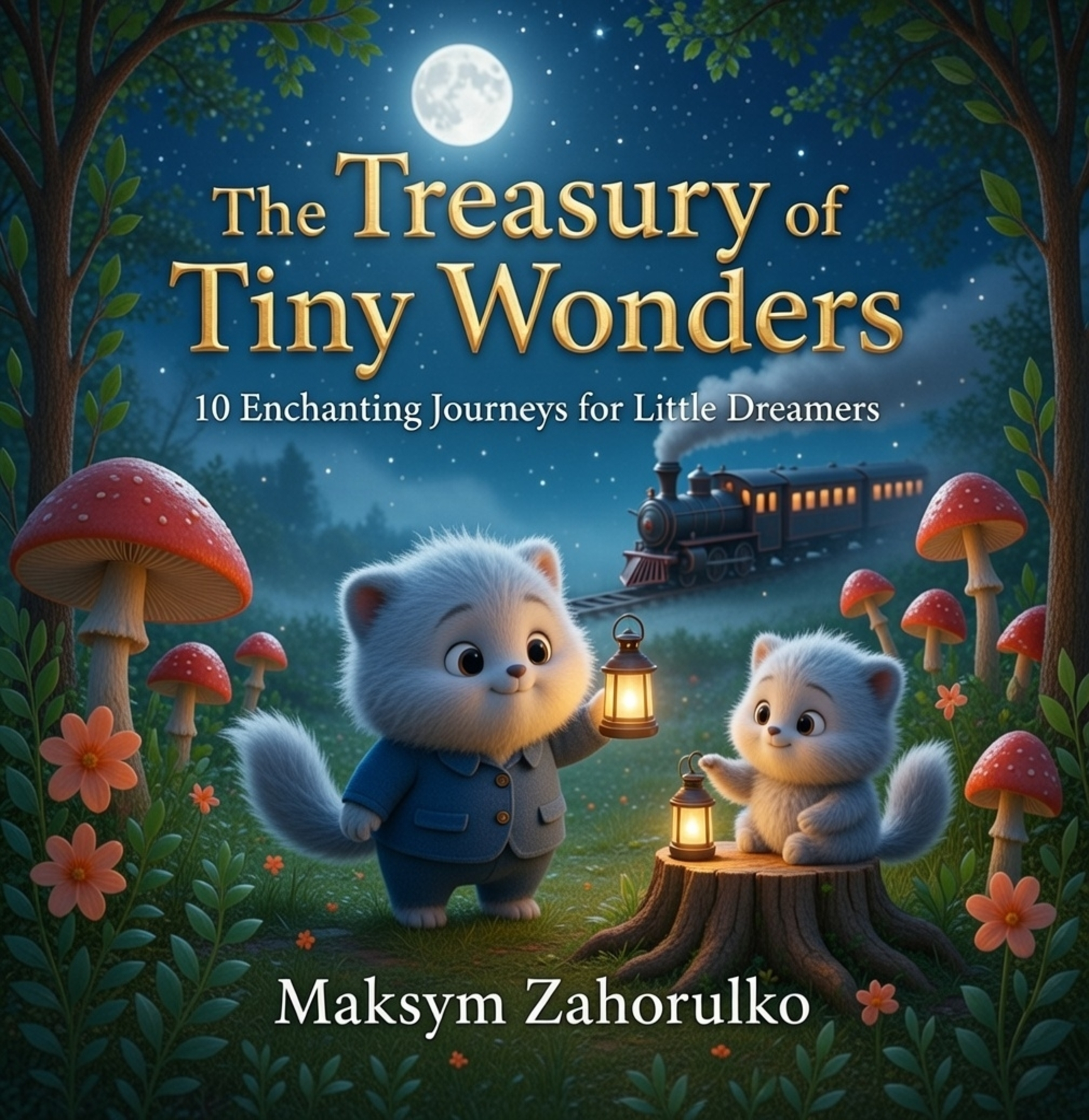 Cover of The Treasury of Tiny Wonders, Volume 1: 10 Enchanting Journeys for Little Dreamers — two fluffy woodland creatures holding glowing lanterns beside a night train under a full moon
