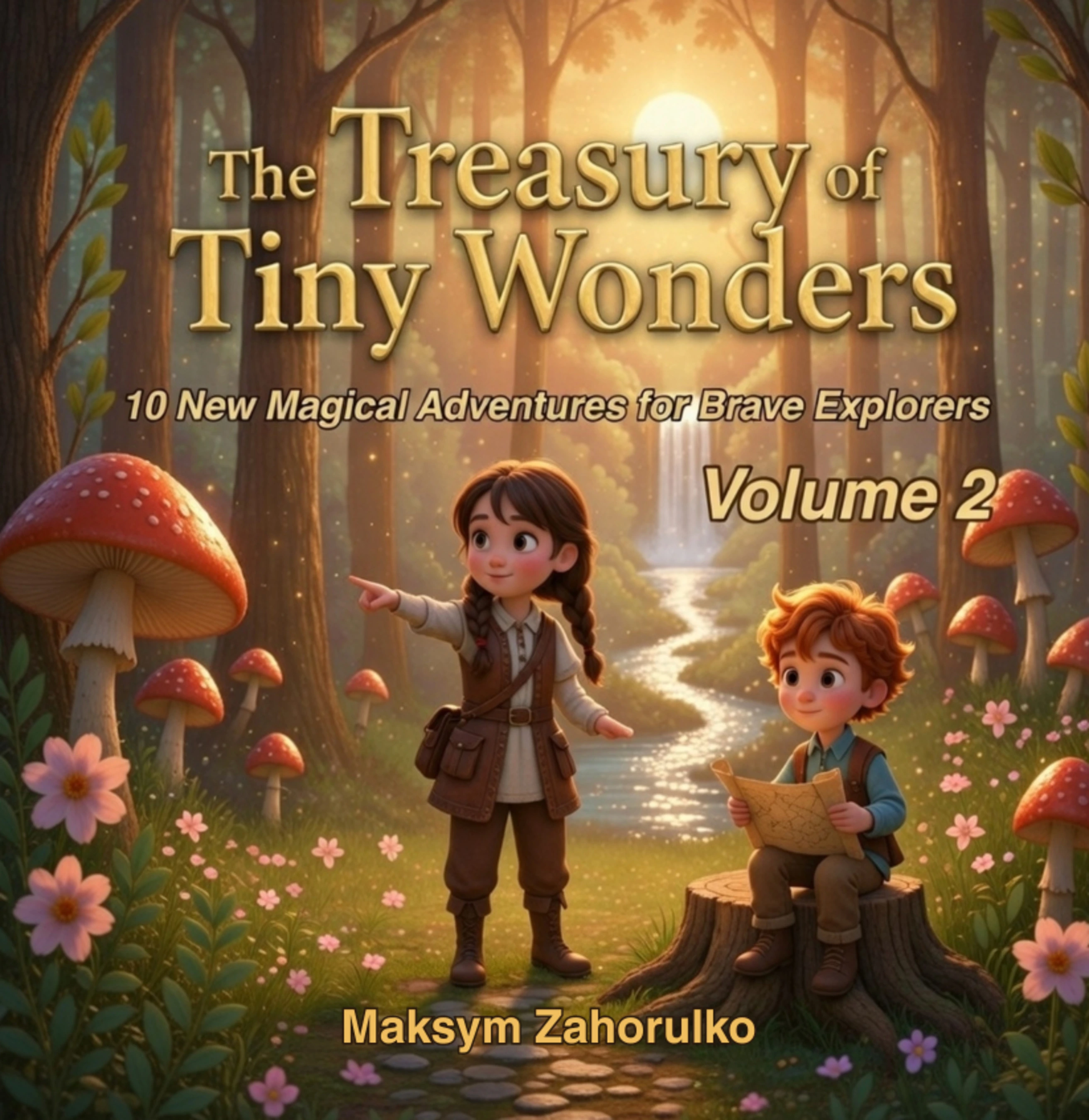 Cover of The Treasury of Tiny Wonders, Volume 2: 10 New Magical Adventures for Brave Explorers — a girl and boy exploring a sunlit forest beside a waterfall