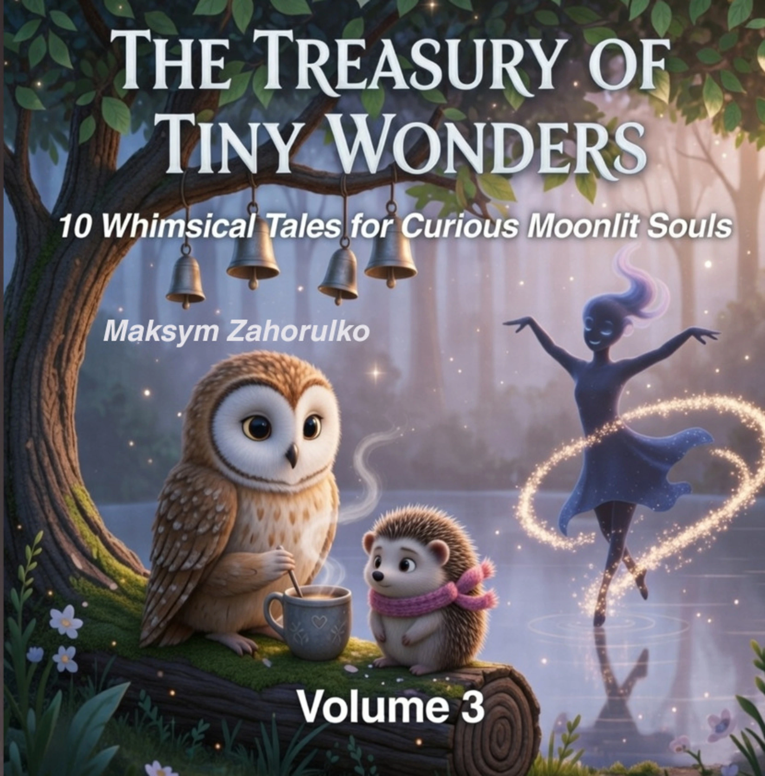 Cover of The Treasury of Tiny Wonders, Volume 3: 10 Whimsical Tales for Curious Moonlit Souls — an owl and a hedgehog sharing cocoa beside a dancing moonlit spirit and hanging bells