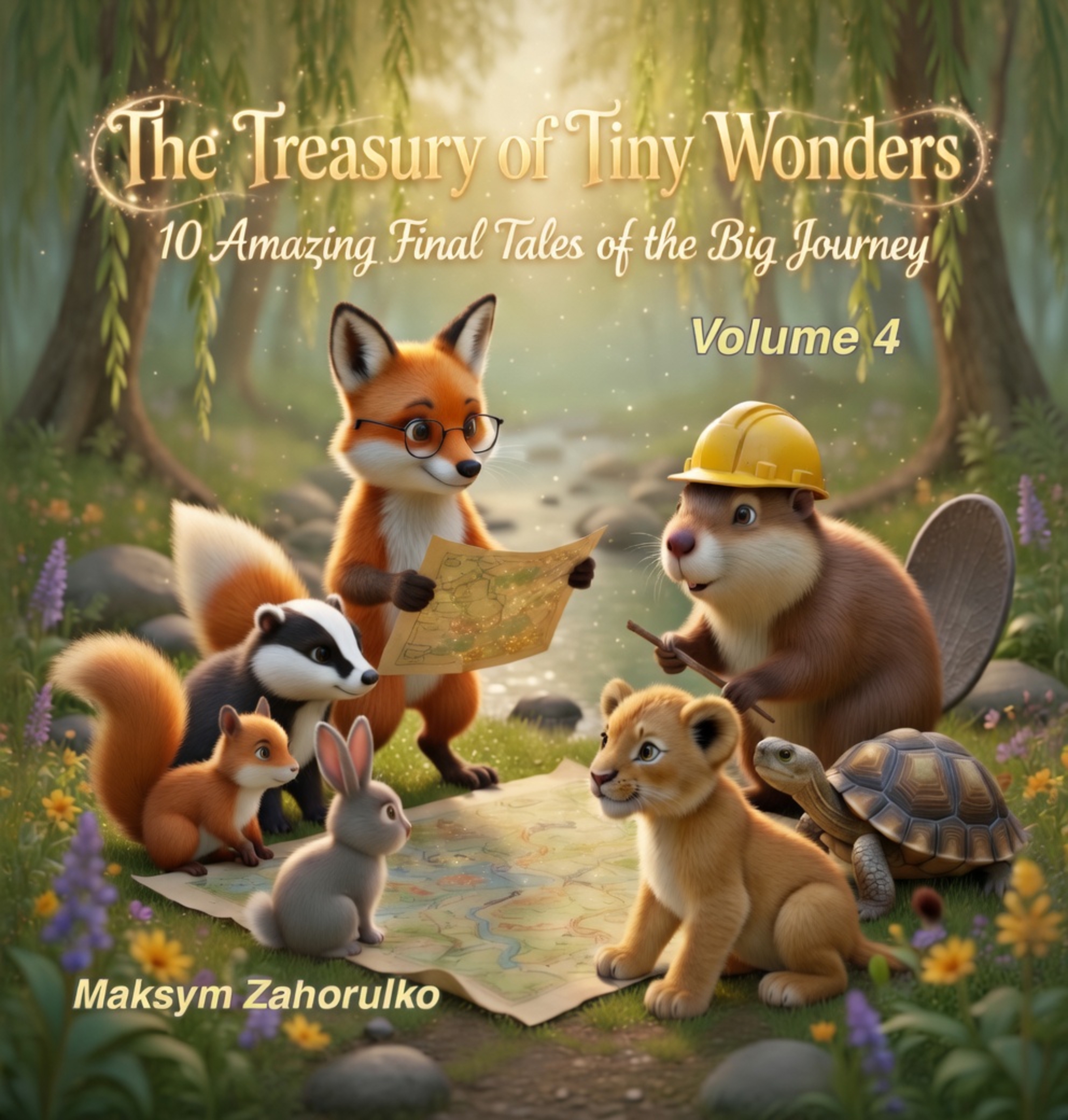 Cover of The Treasury of Tiny Wonders, Volume 4: 10 Amazing Final Tales of the Big Journey — a fox, badger, beaver, rabbit, lion cub, squirrel and tortoise gathered around a map