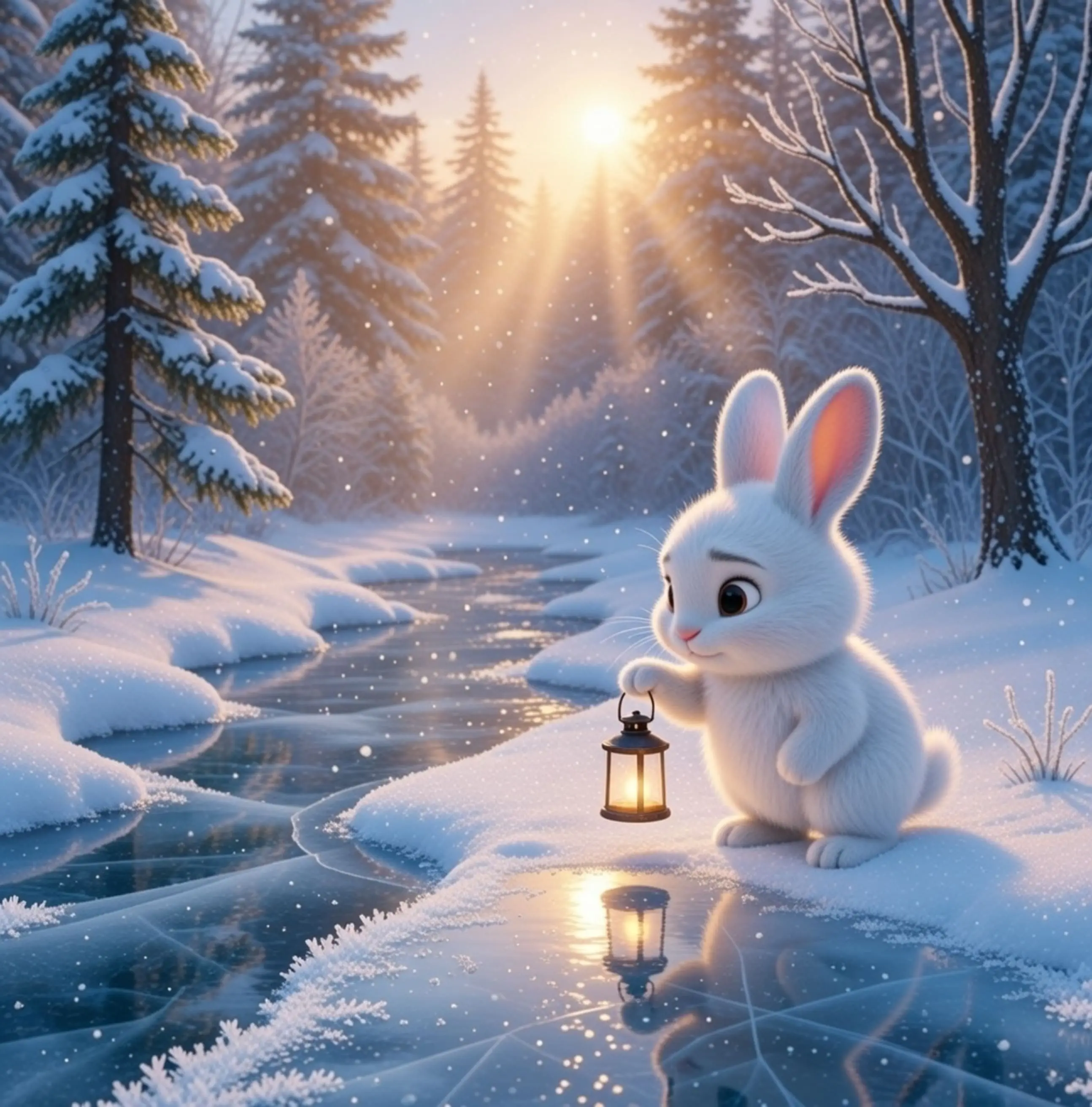 Illustration of a white bunny holding a glowing lantern beside a frozen forest stream at sunrise