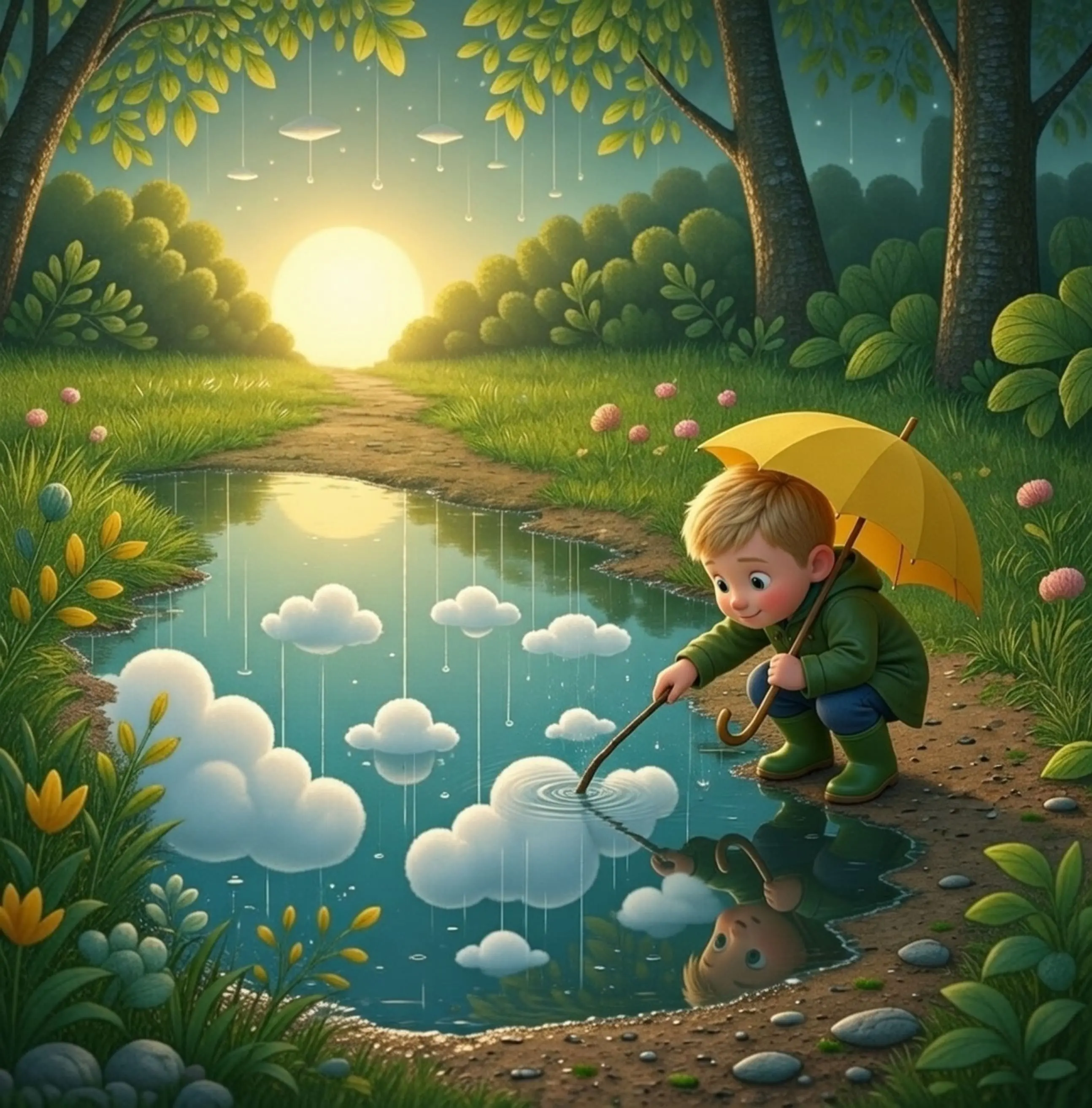 Illustration of a boy with a yellow umbrella drawing shapes in a puddle that reflects fluffy clouds