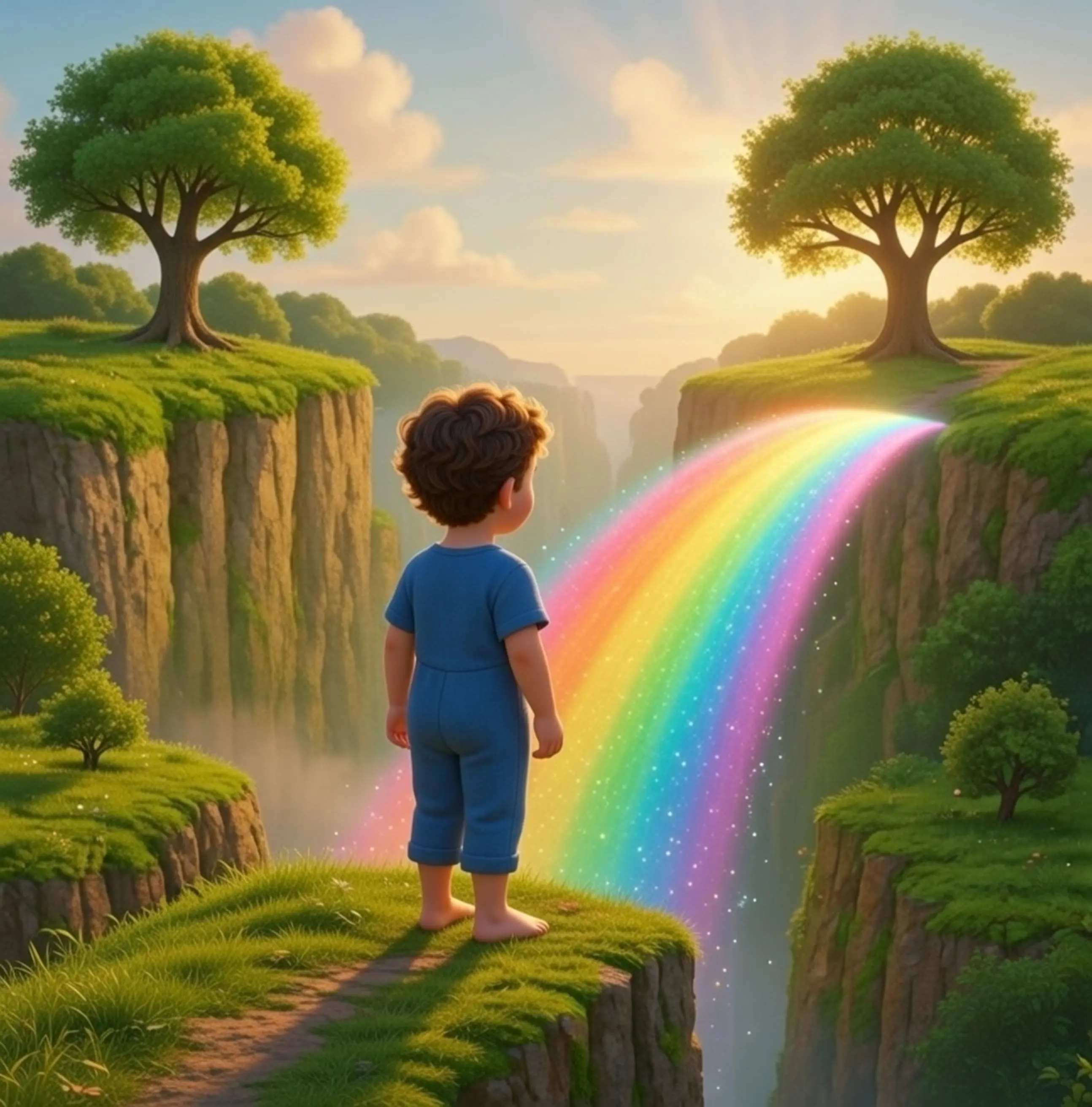 Illustration of a child gazing at a sparkling rainbow bridge between two cliffs
