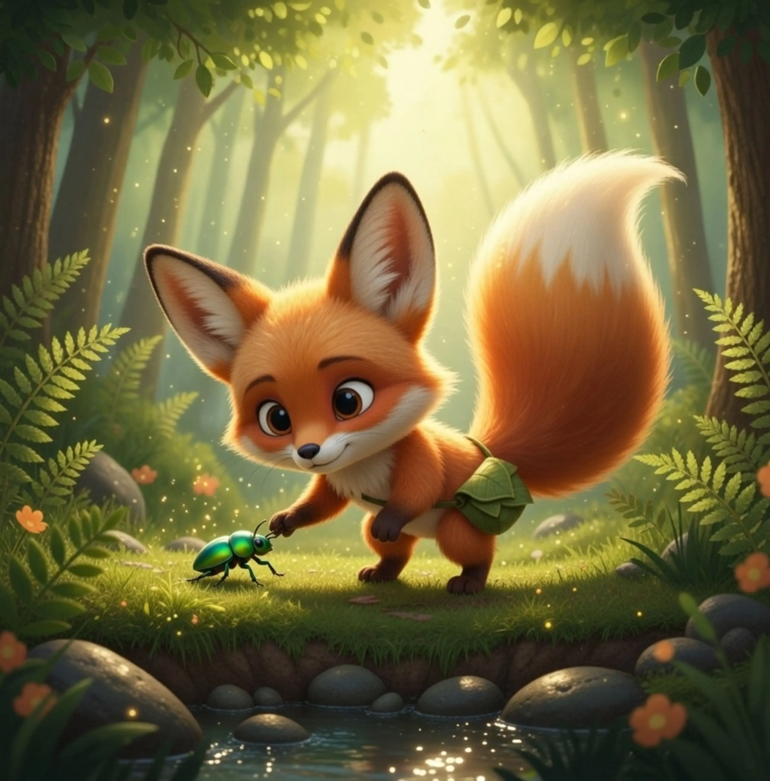 Illustration of a fox reaching out to greet a shiny green beetle in a sunlit forest clearing