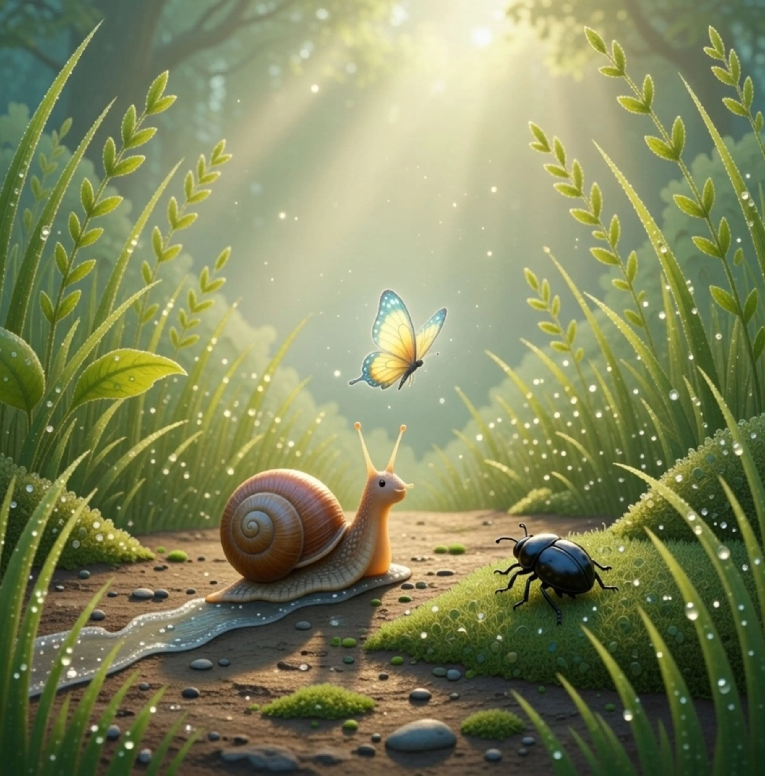 Illustration of a snail, a butterfly, and a beetle meeting on a dewy forest path