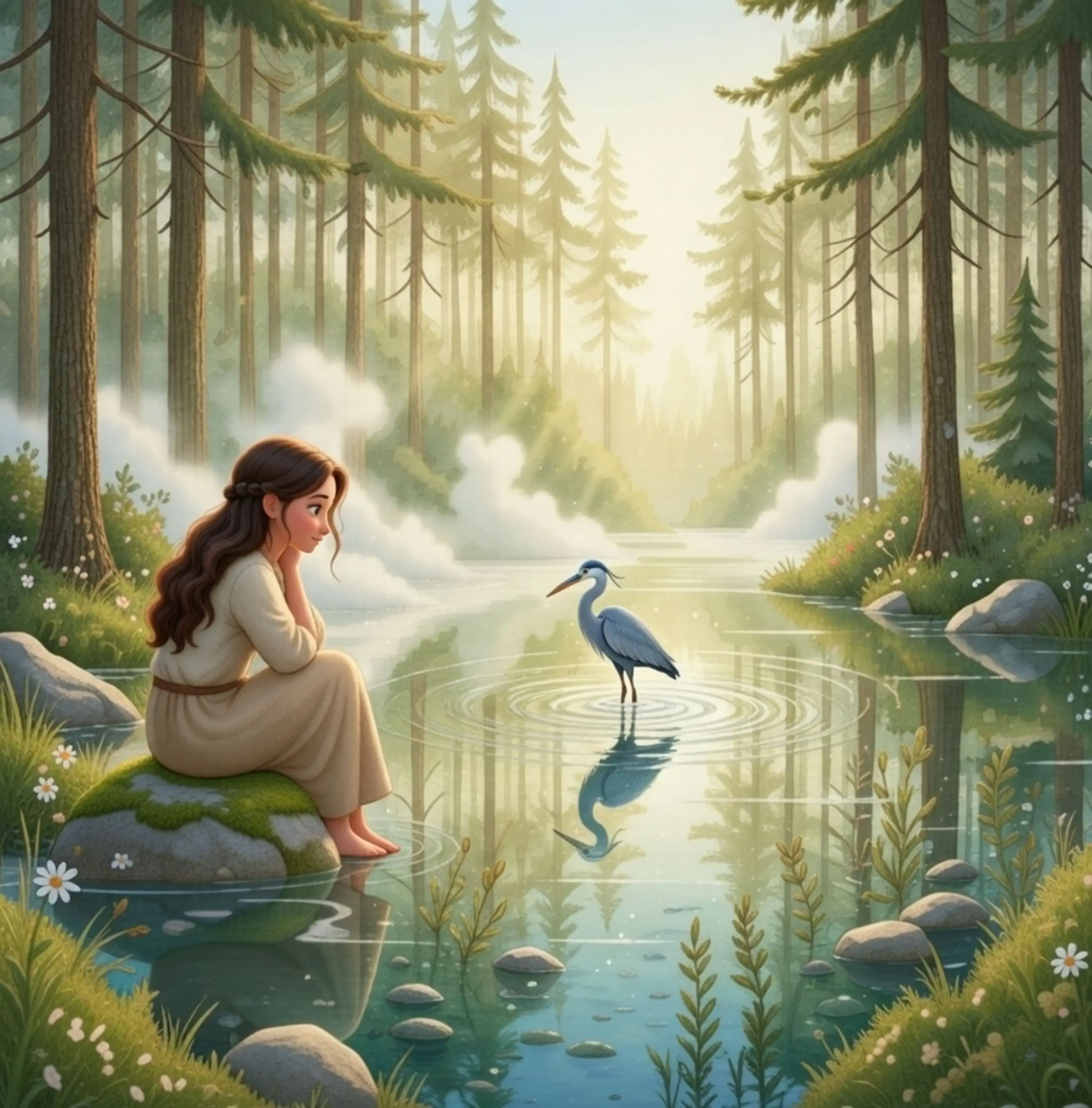 Illustration of a girl sitting on a mossy rock, watching a heron in a calm forest pond