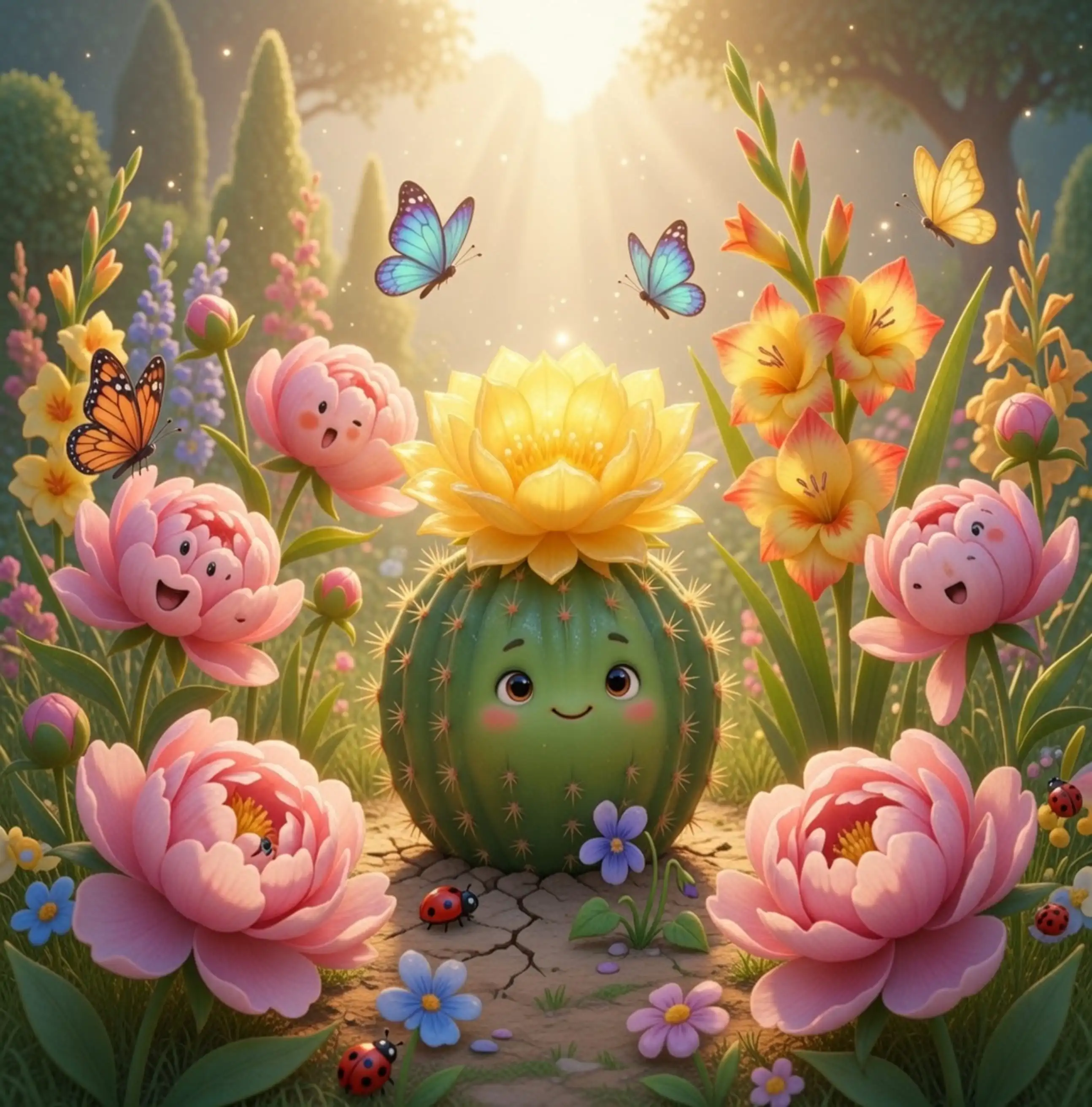 Illustration of a smiling cactus surrounded by blooming pink peonies, butterflies, and ladybugs
