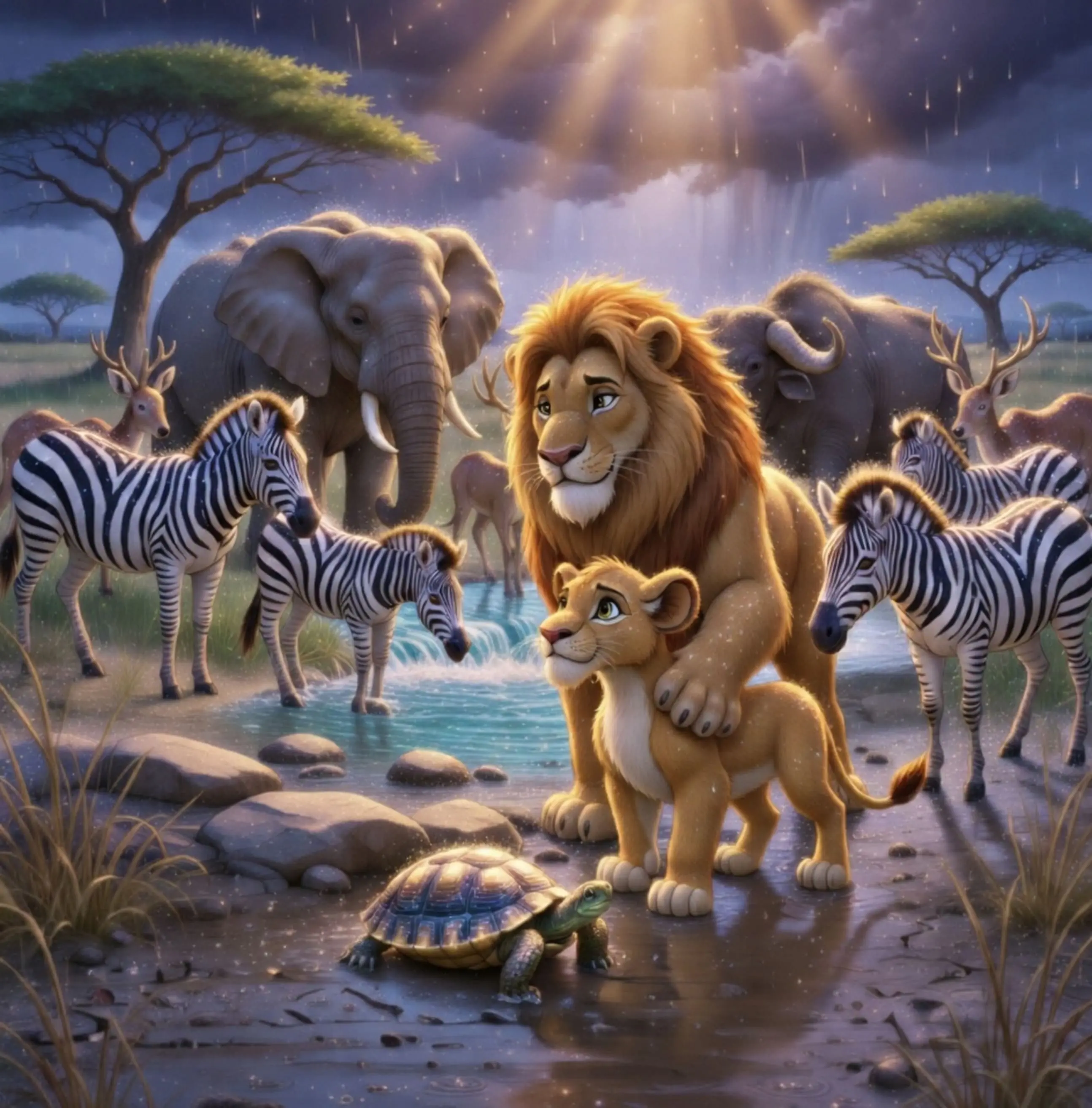 Illustration of a lion and lion cub standing with elephants, zebras, deer, and a tortoise at a watering hole in the rain